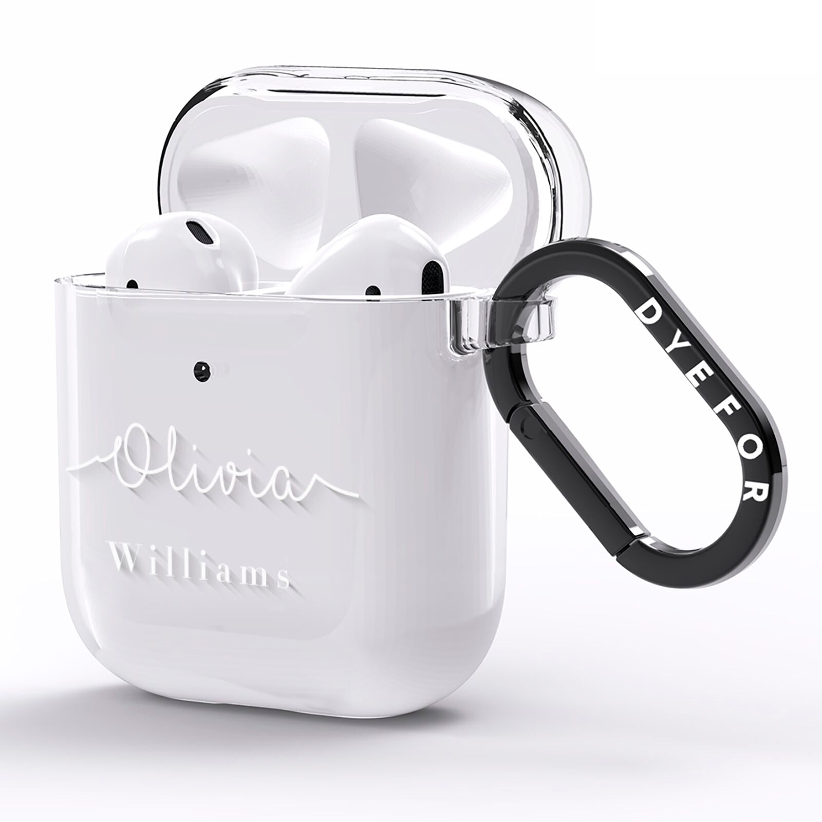 Personalised Signature Typography White AirPods Clear Case Side Image