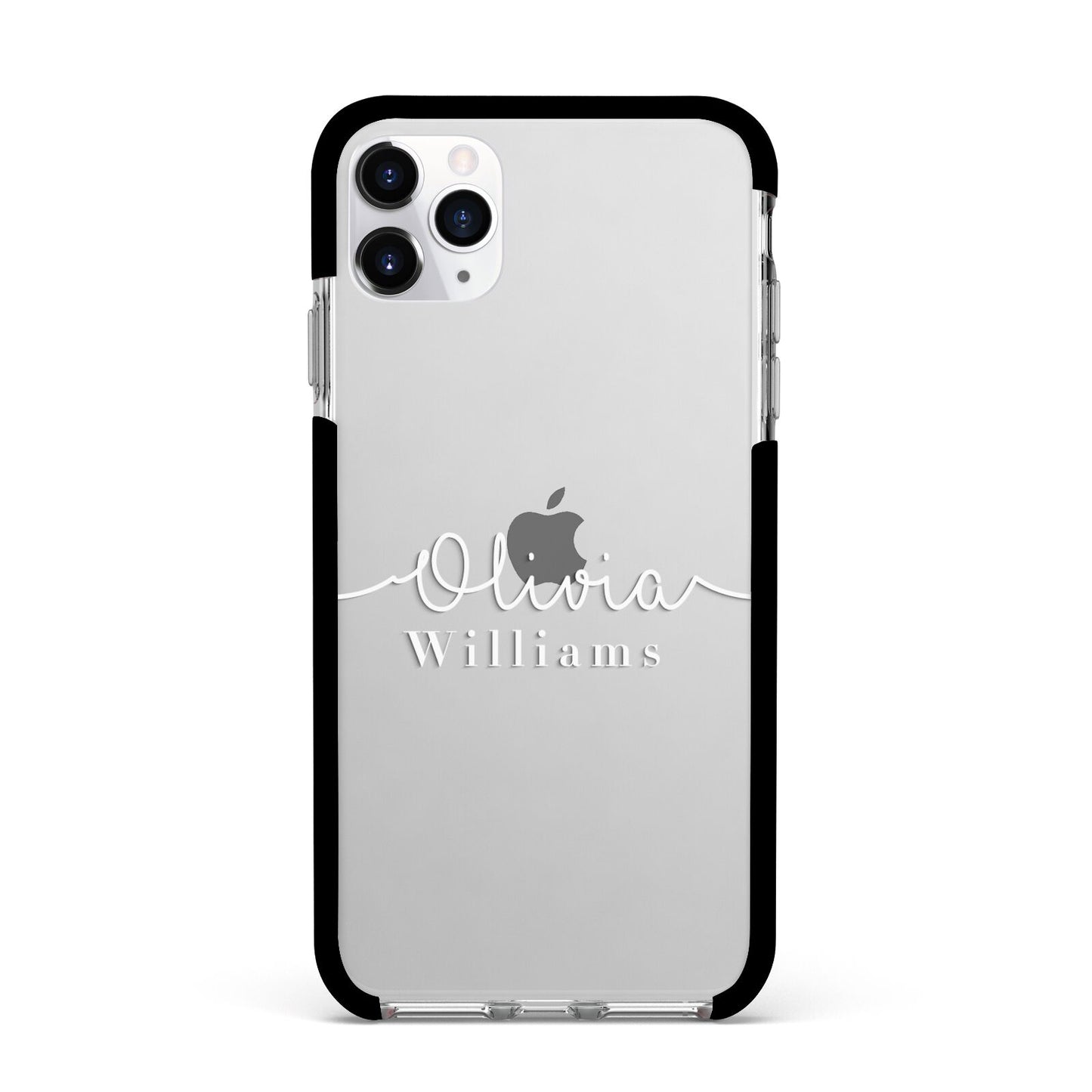 Personalised Signature Typography White Apple iPhone 11 Pro Max in Silver with Black Impact Case