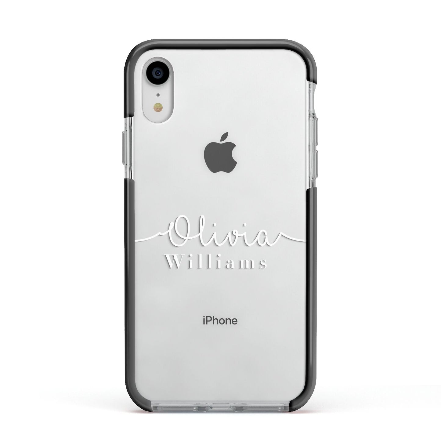 Personalised Signature Typography White Apple iPhone XR Impact Case Black Edge on Silver Phone