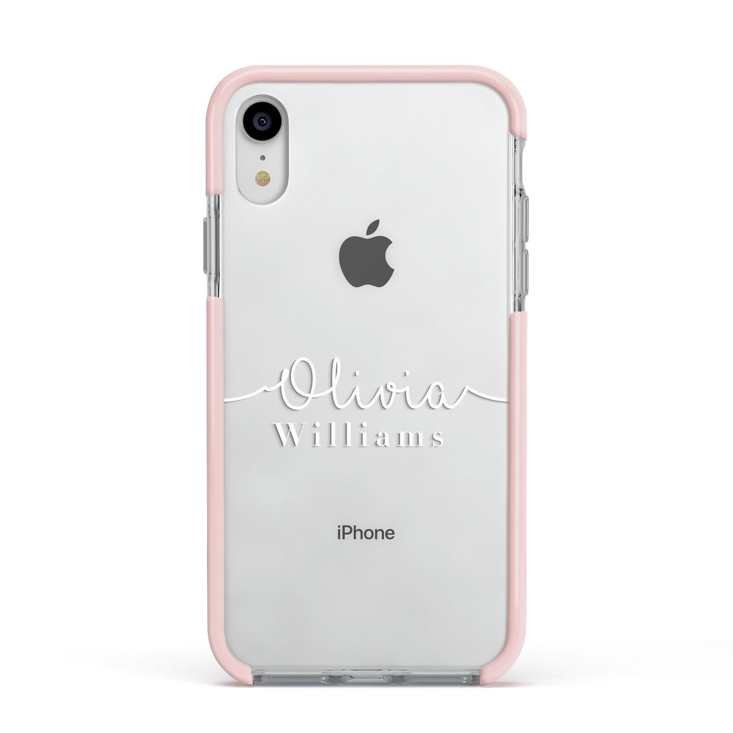 Personalised Signature Typography White Apple iPhone XR Impact Case Pink Edge on Silver Phone