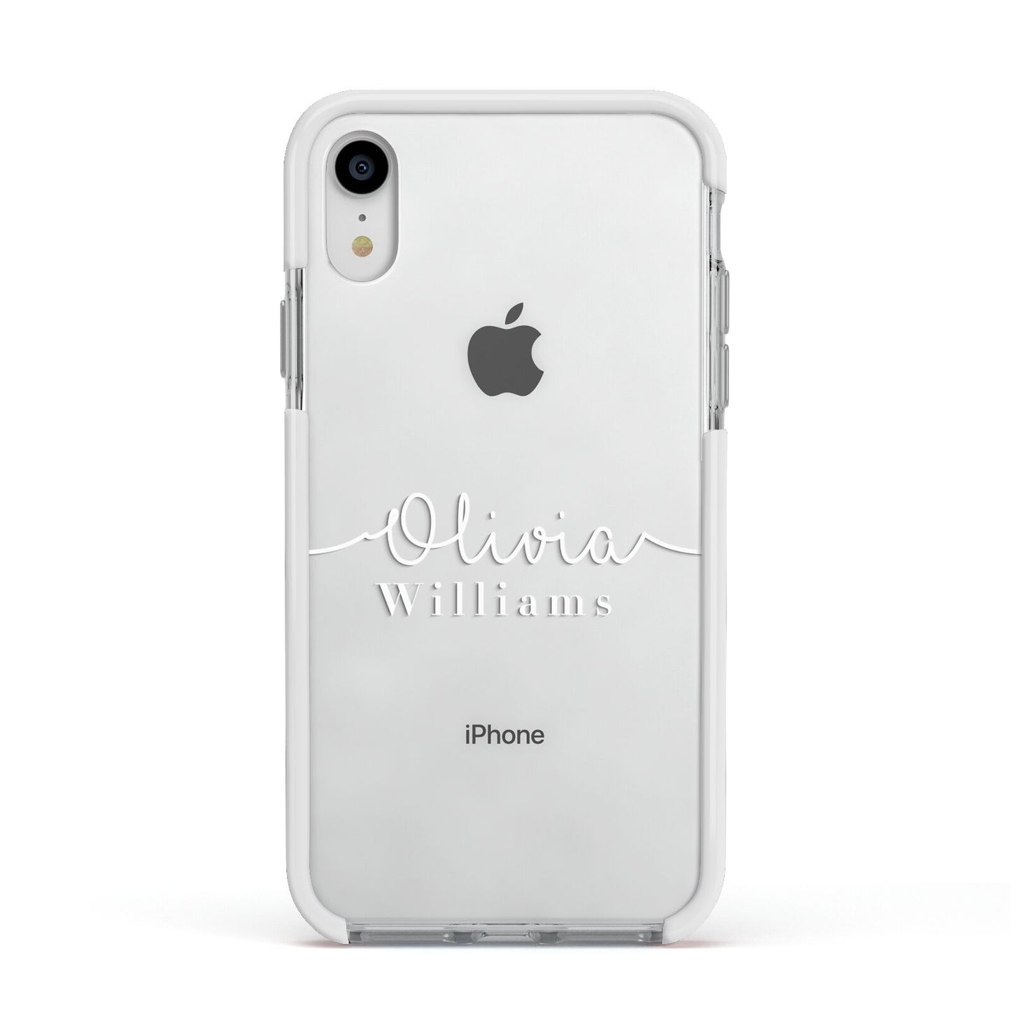 Personalised Signature Typography White Apple iPhone XR Impact Case White Edge on Silver Phone