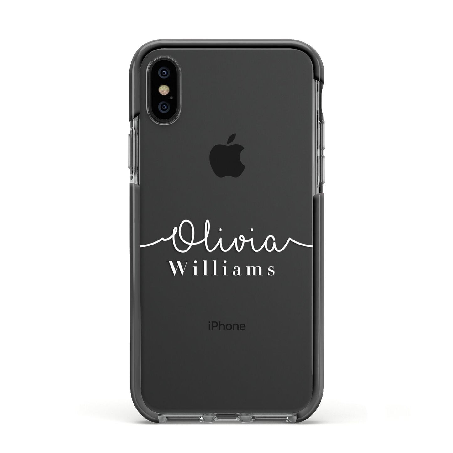 Personalised Signature Typography White Apple iPhone Xs Impact Case Black Edge on Black Phone