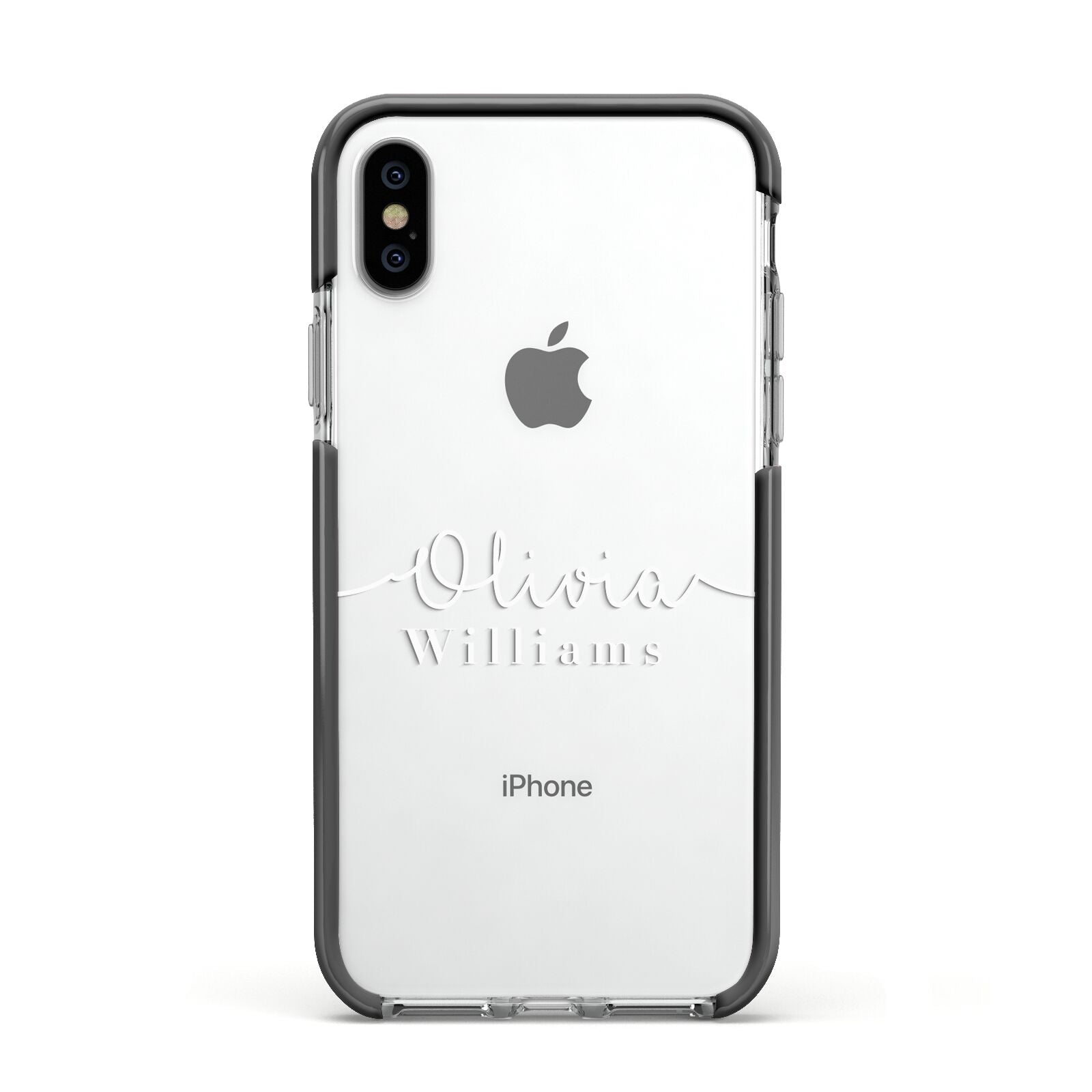 Personalised Signature Typography White Apple iPhone Xs Impact Case Black Edge on Silver Phone