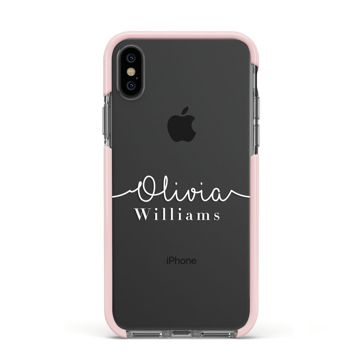 Personalised Signature Typography White Apple iPhone Xs Impact Case Pink Edge on Black Phone