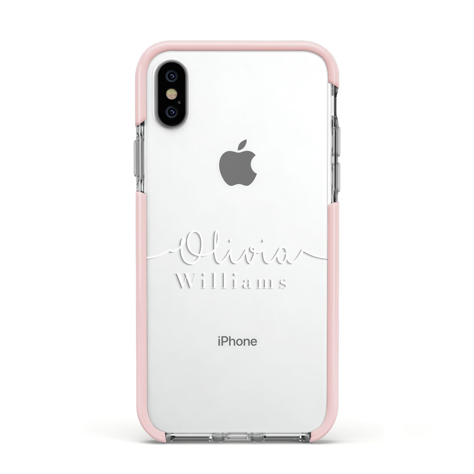 Personalised Signature Typography White Apple iPhone Xs Impact Case Pink Edge on Silver Phone