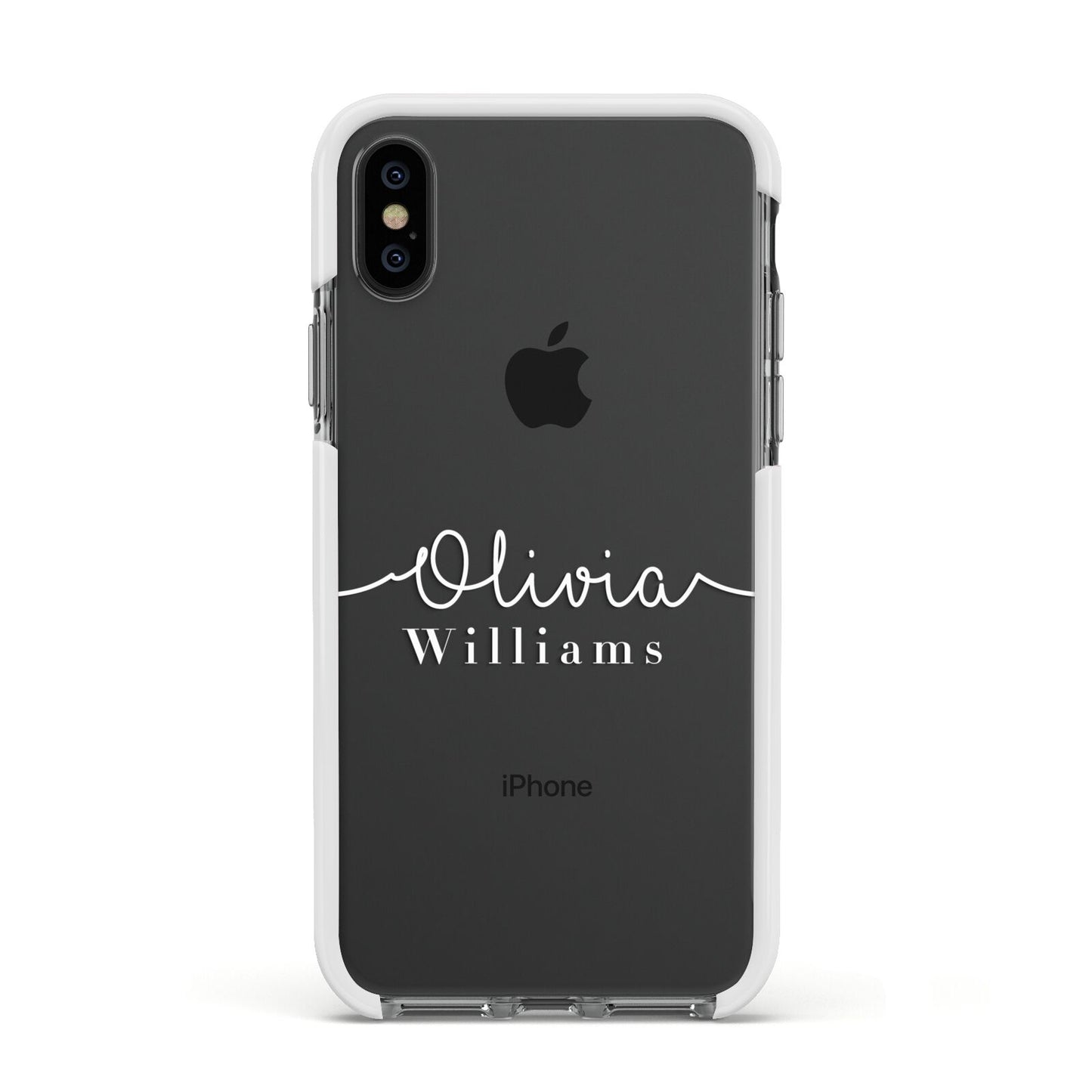 Personalised Signature Typography White Apple iPhone Xs Impact Case White Edge on Black Phone