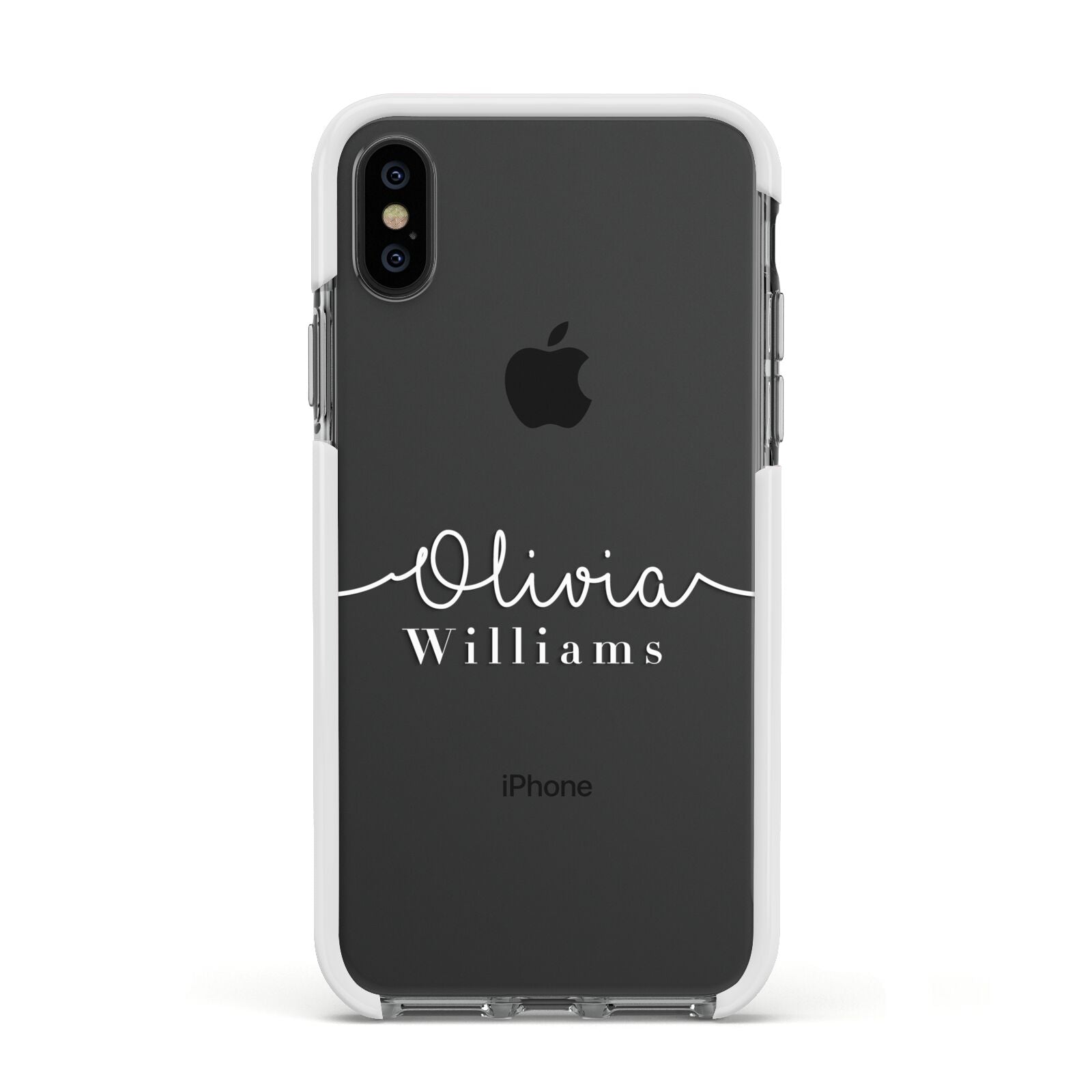 Personalised Signature Typography White Apple iPhone Xs Impact Case White Edge on Black Phone