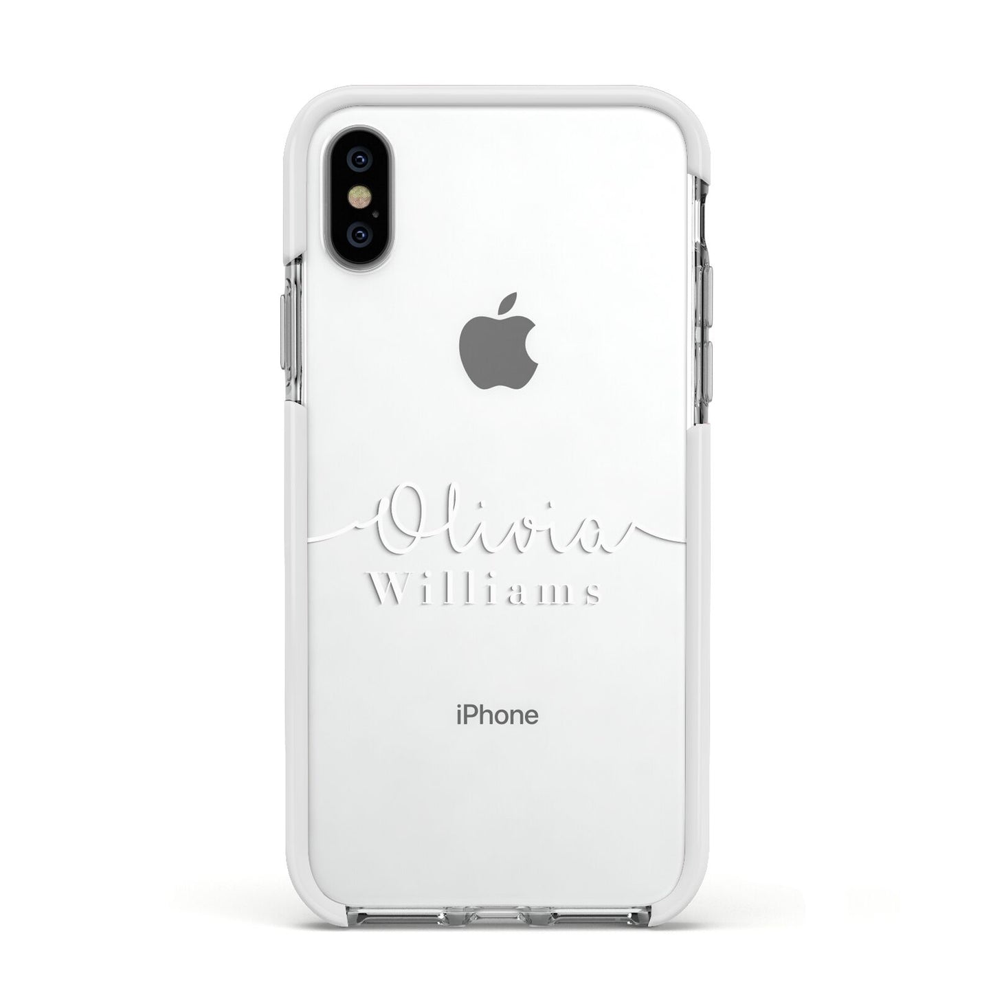 Personalised Signature Typography White Apple iPhone Xs Impact Case White Edge on Silver Phone