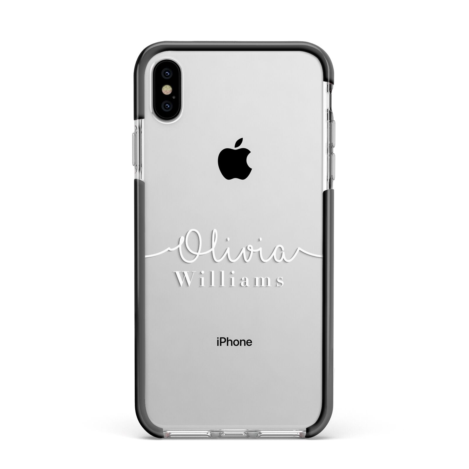 Personalised Signature Typography White Apple iPhone Xs Max Impact Case Black Edge on Silver Phone