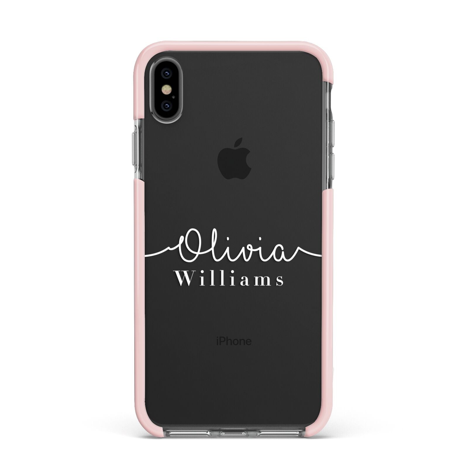 Personalised Signature Typography White Apple iPhone Xs Max Impact Case Pink Edge on Black Phone