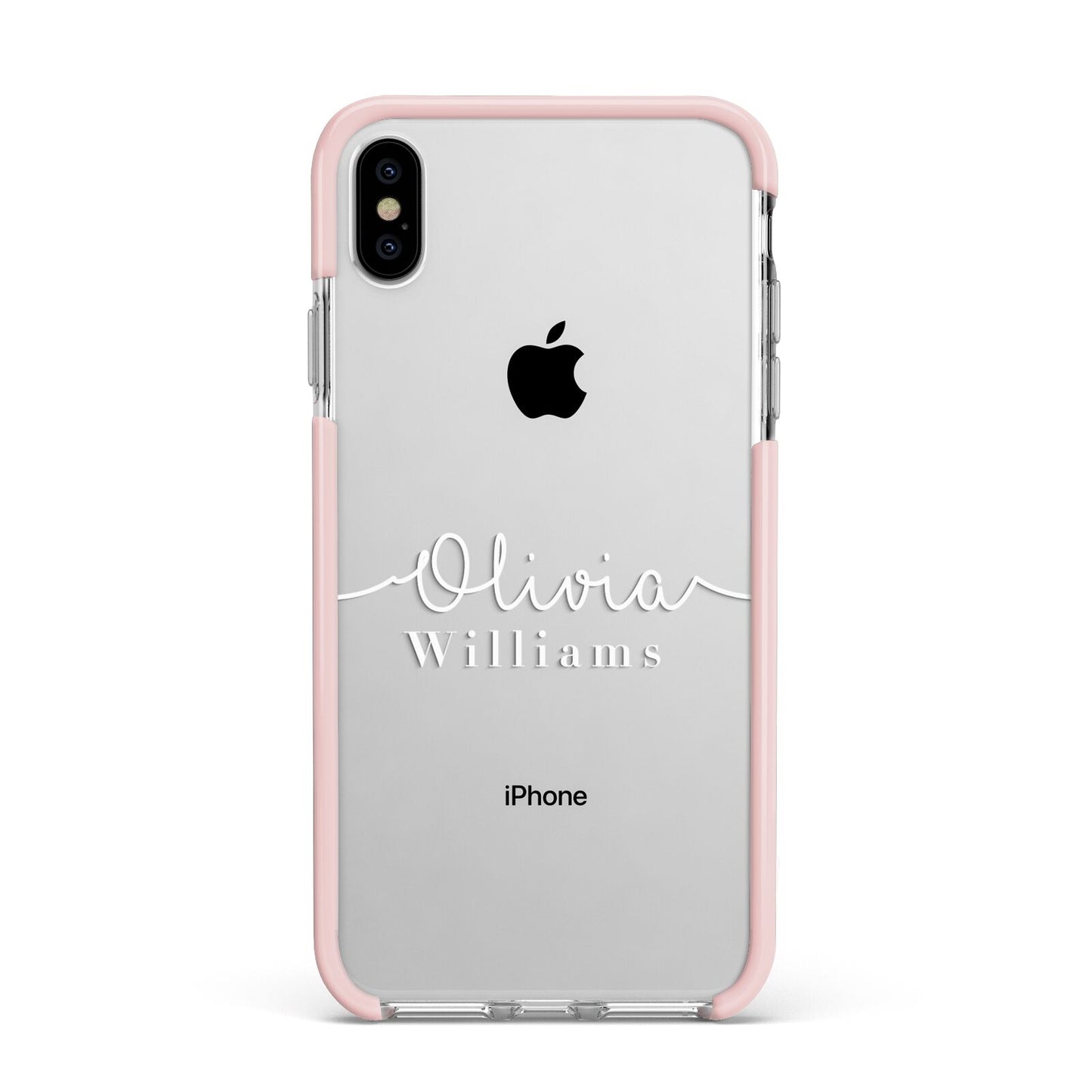 Personalised Signature Typography White Apple iPhone Xs Max Impact Case Pink Edge on Silver Phone