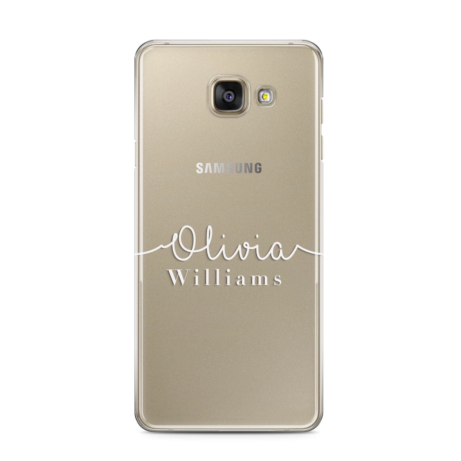 Personalised Signature Typography White Samsung Galaxy A3 2016 Case on gold phone