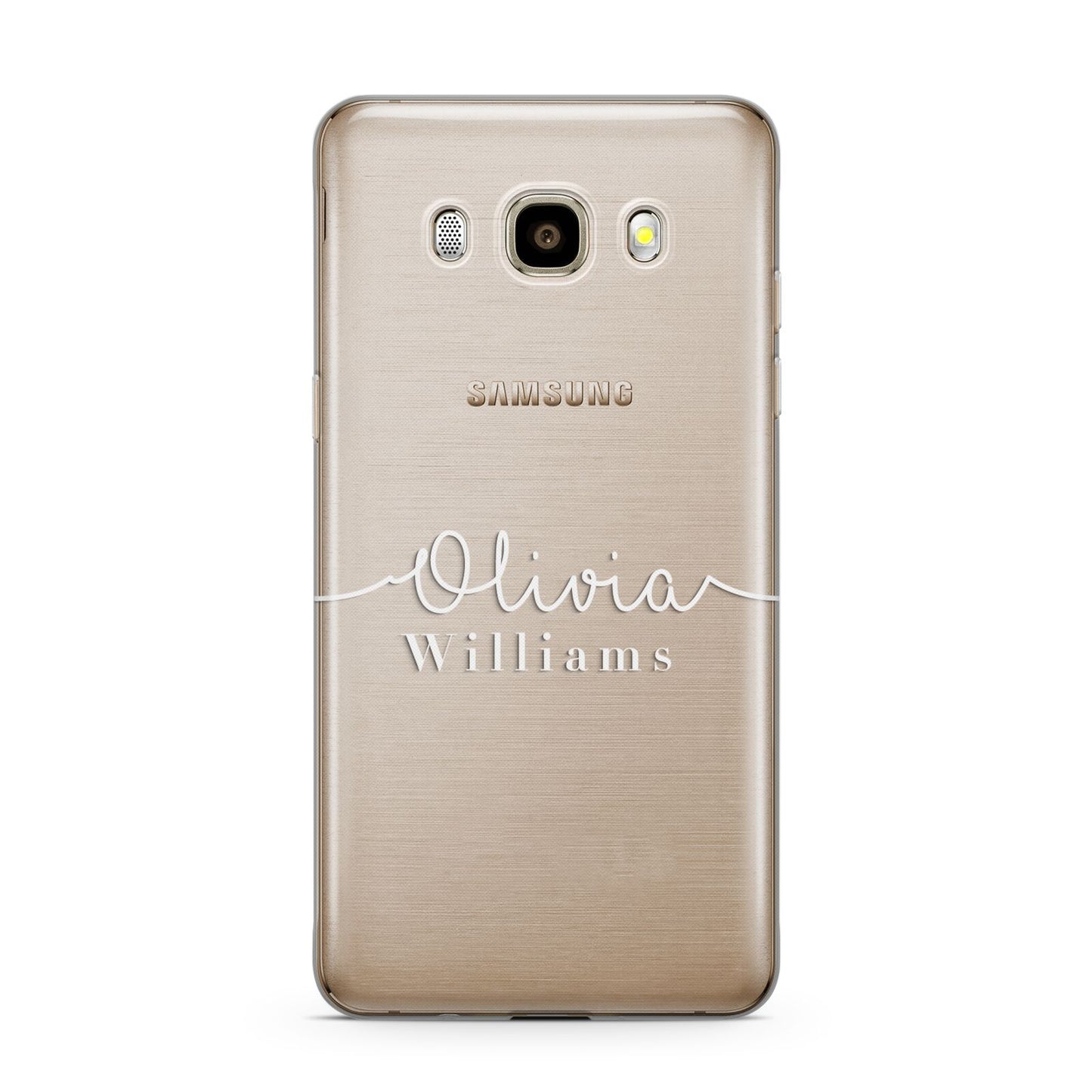 Personalised Signature Typography White Samsung Galaxy J7 2016 Case on gold phone