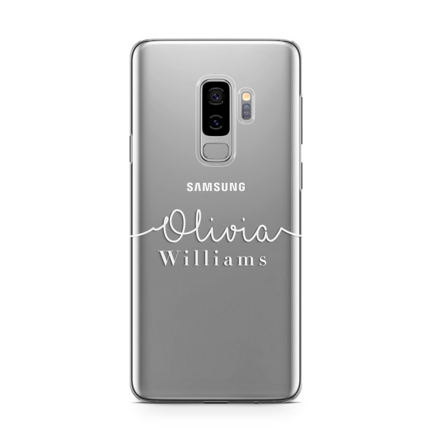 Personalised Signature Typography White Samsung Galaxy S9 Plus Case on Silver phone