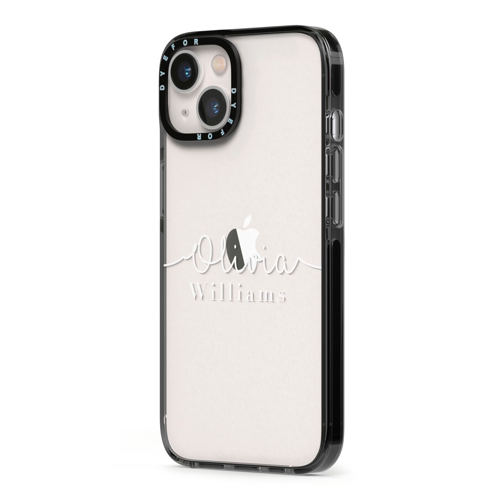 Personalised Signature Typography White iPhone 13 Black Impact Case Side Angle on Silver phone