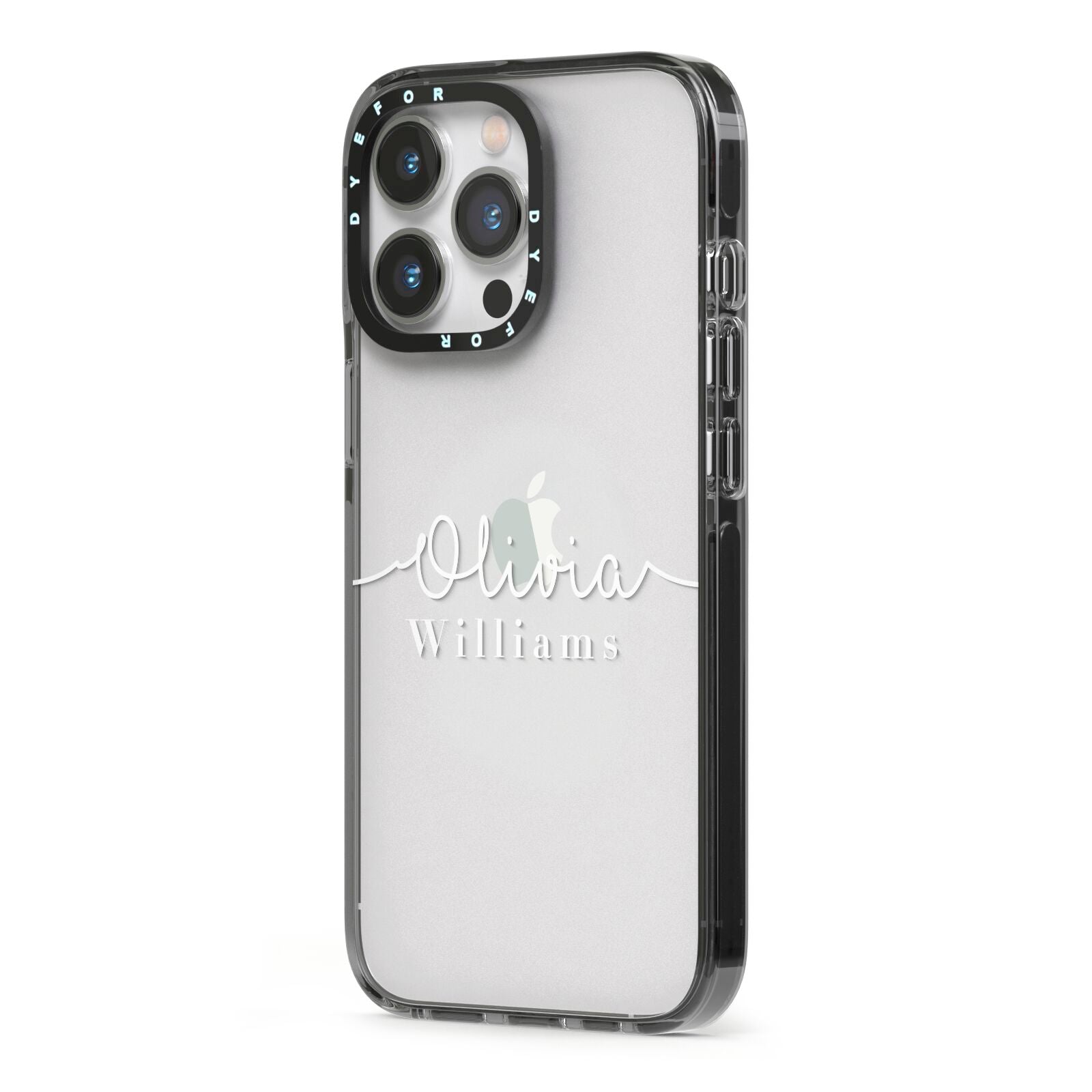 Personalised Signature Typography White iPhone 13 Pro Black Impact Case Side Angle on Silver phone