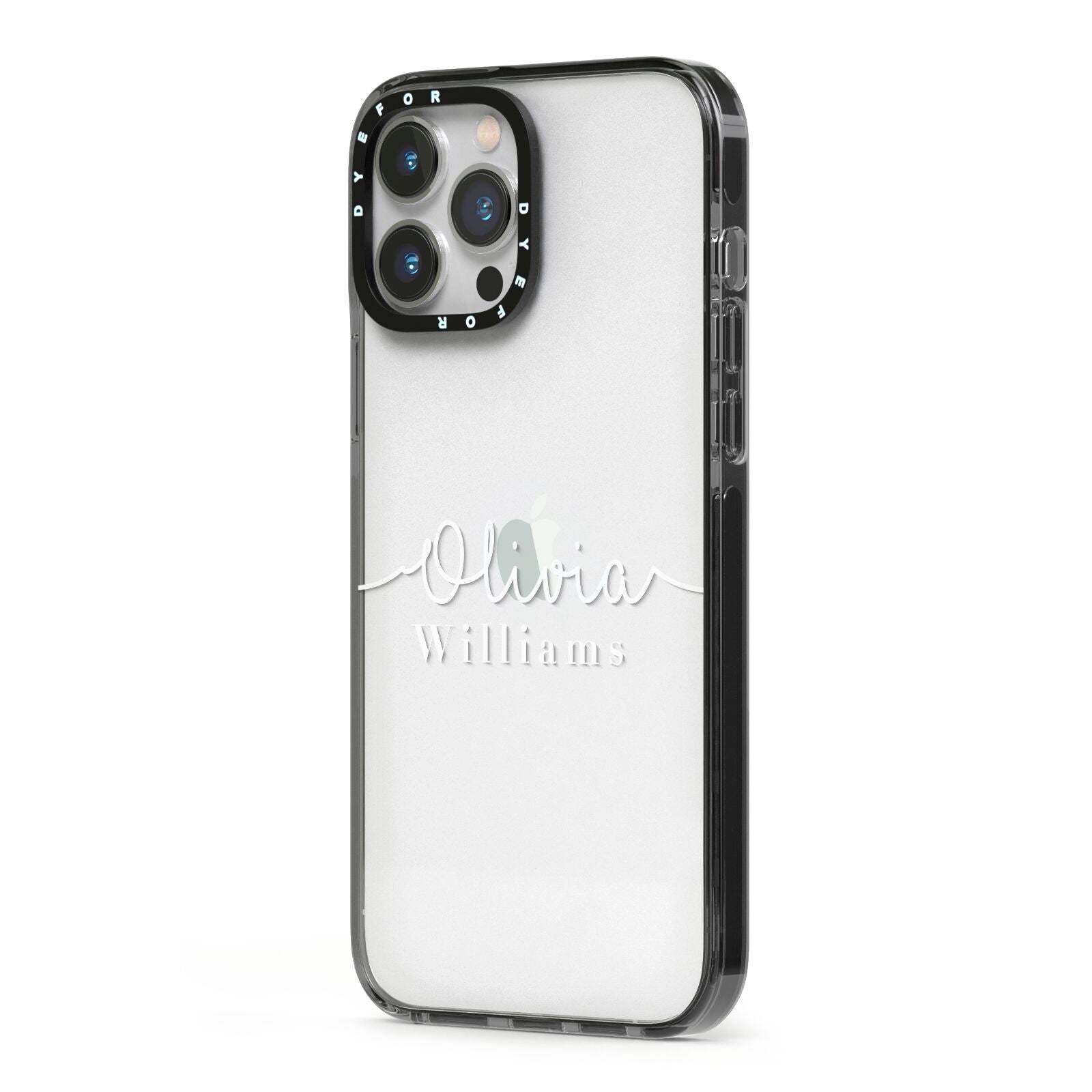 Personalised Signature Typography White iPhone 13 Pro Max Black Impact Case Side Angle on Silver phone