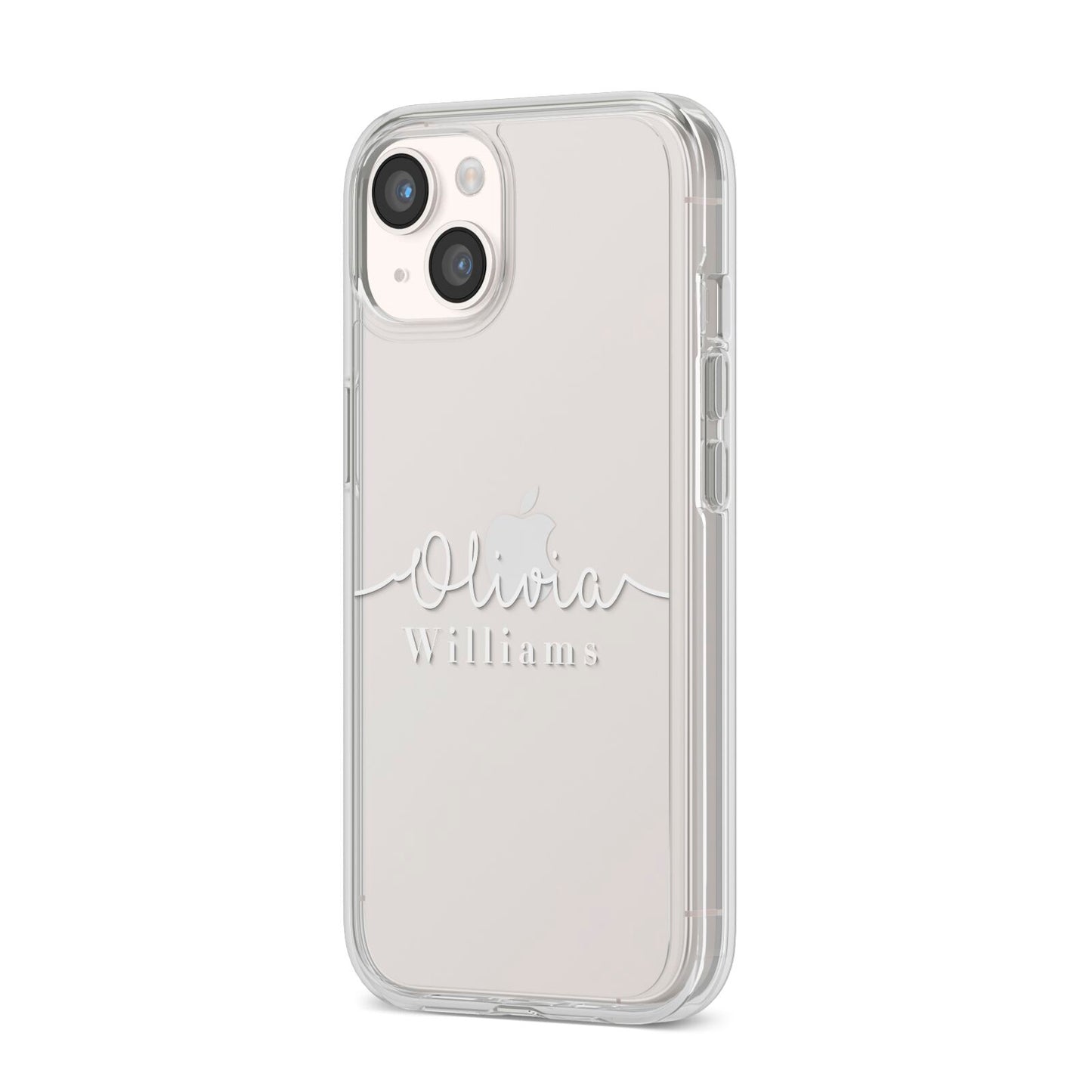 Personalised Signature Typography White iPhone 14 Clear Tough Case Starlight Angled Image