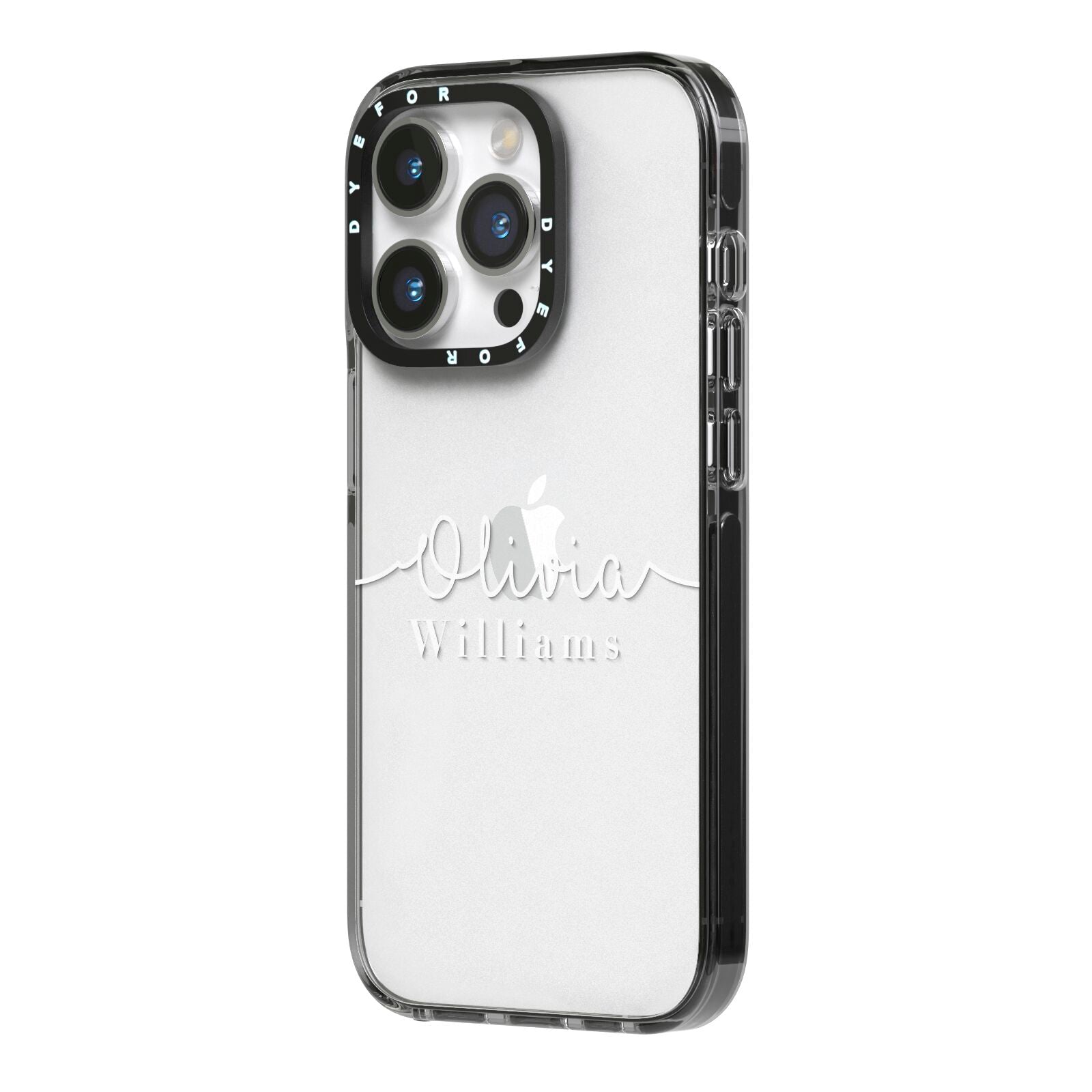 Personalised Signature Typography White iPhone 14 Pro Black Impact Case Side Angle on Silver phone