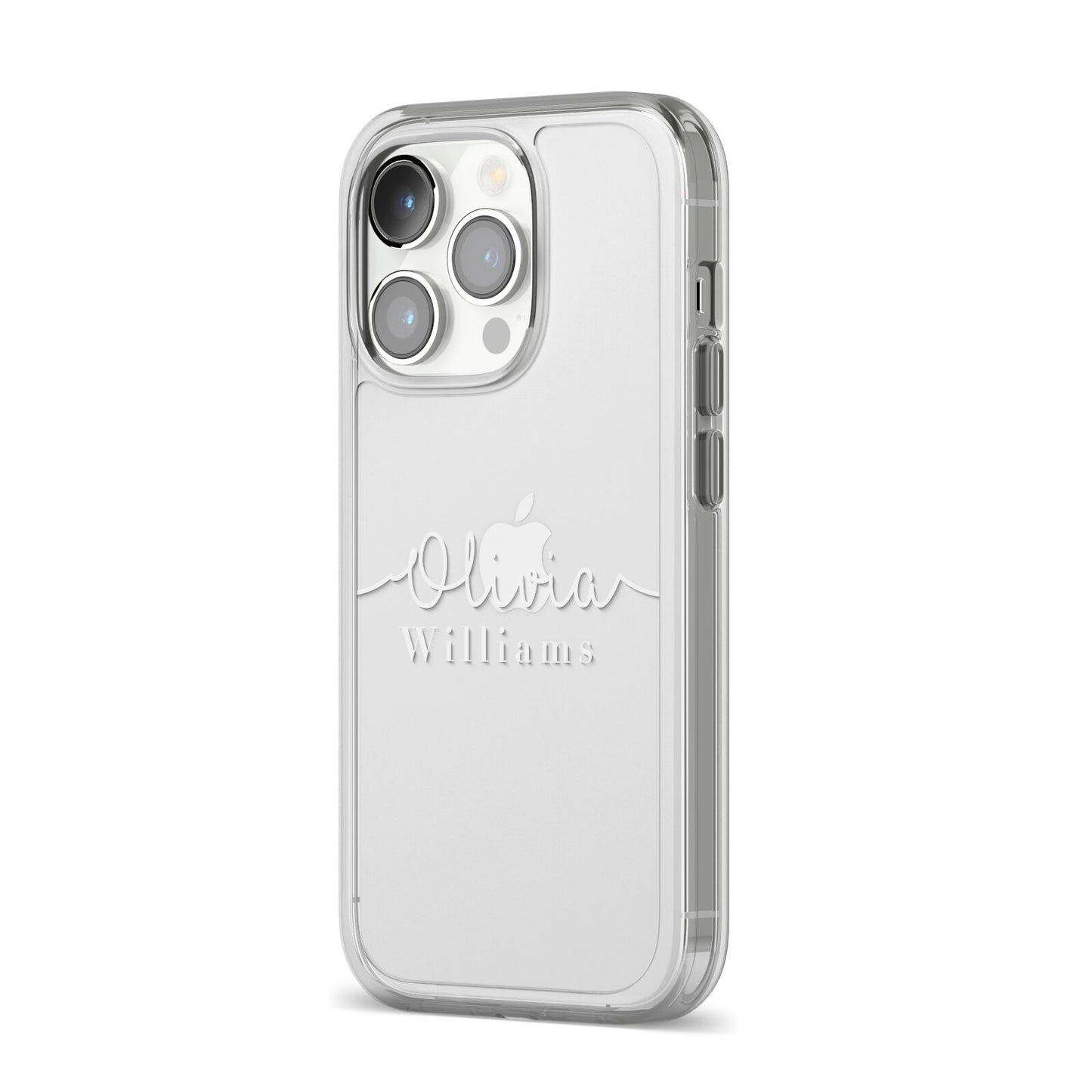 Personalised Signature Typography White iPhone 14 Pro Clear Tough Case Silver Angled Image