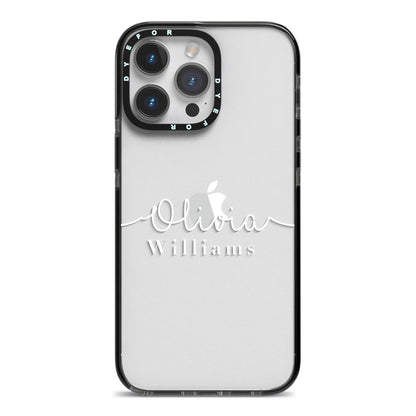 Personalised Signature Typography White iPhone 14 Pro Max Black Impact Case on Silver phone