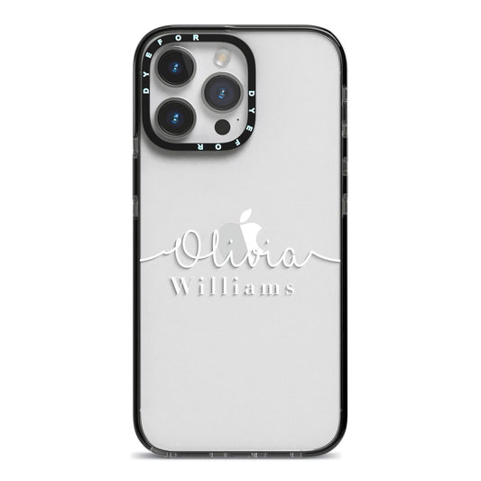 Personalised Signature Typography White iPhone 14 Pro Max Black Impact Case on Silver phone