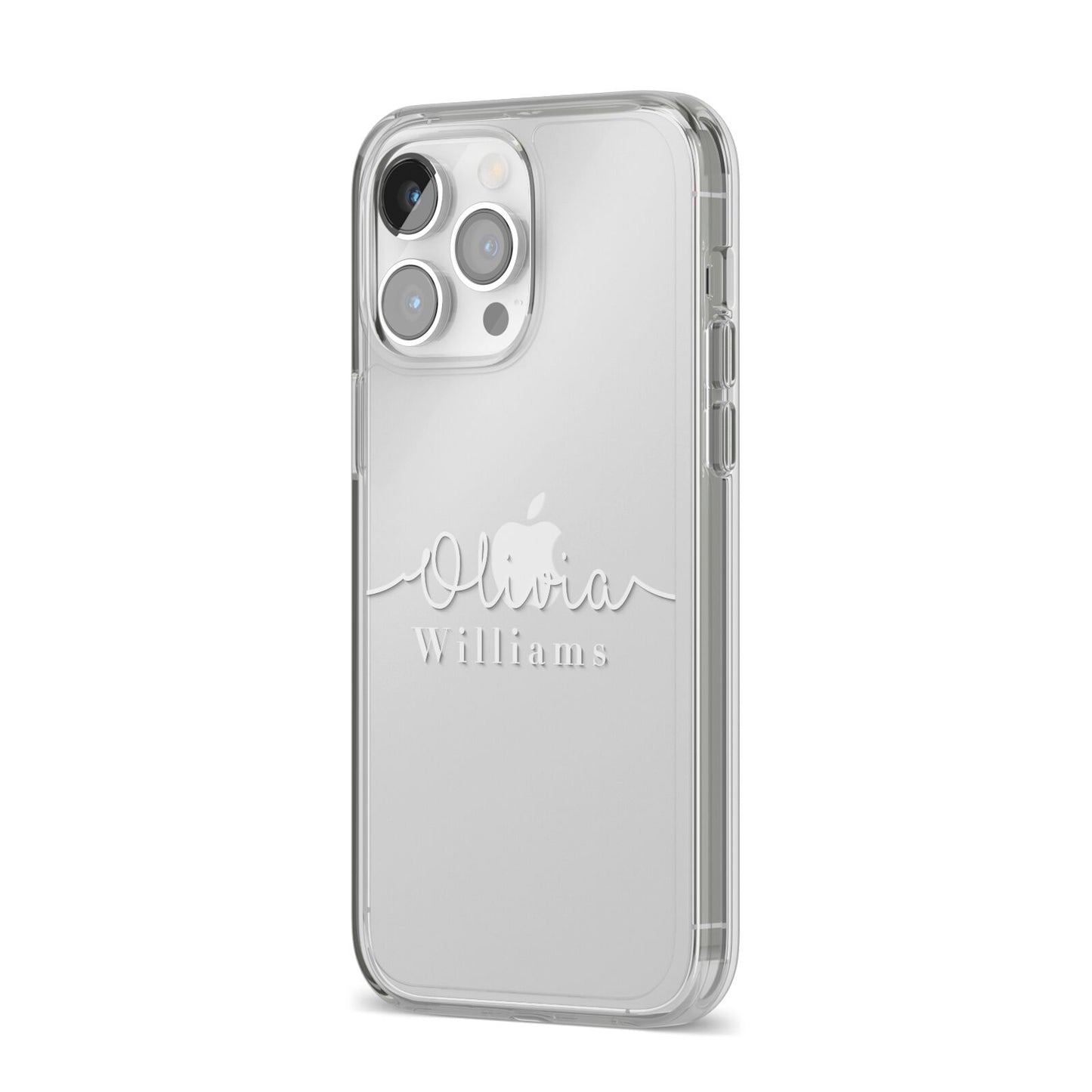 Personalised Signature Typography White iPhone 14 Pro Max Clear Tough Case Silver Angled Image