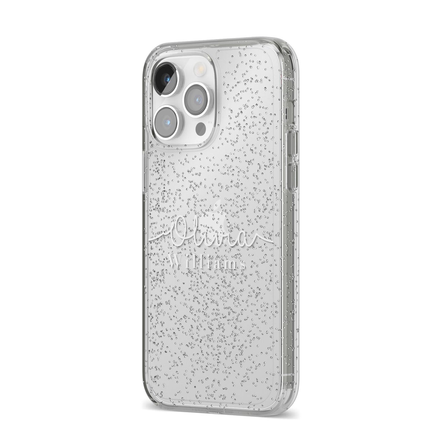 Personalised Signature Typography White iPhone 14 Pro Max Glitter Tough Case Silver Angled Image