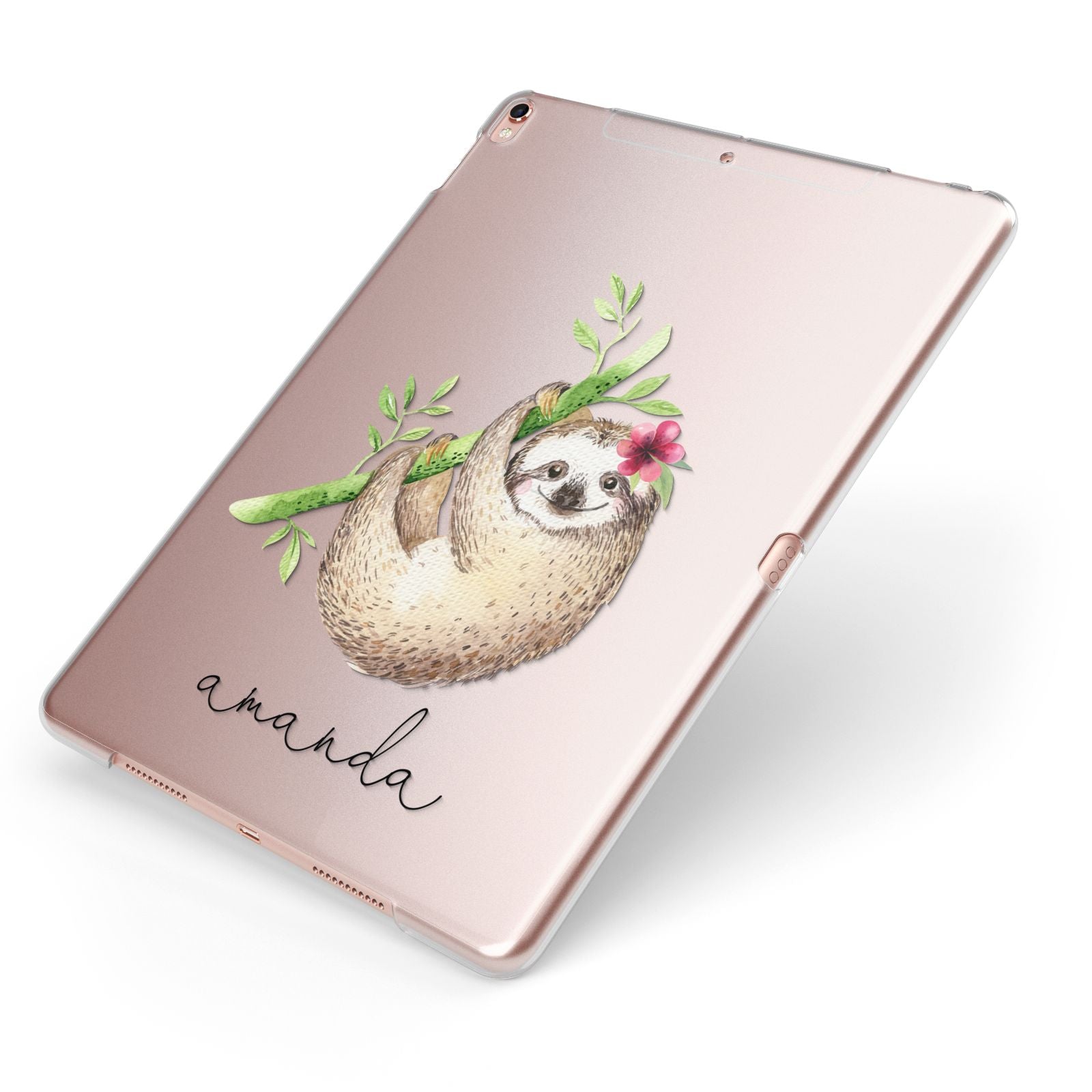 Personalised Sloth Apple iPad Case on Rose Gold iPad Side View