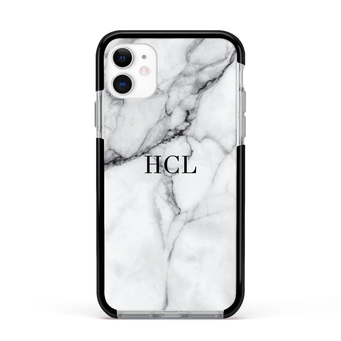 Personalised Small Marble Initials Custom Apple iPhone 11 in White with Black Impact Case