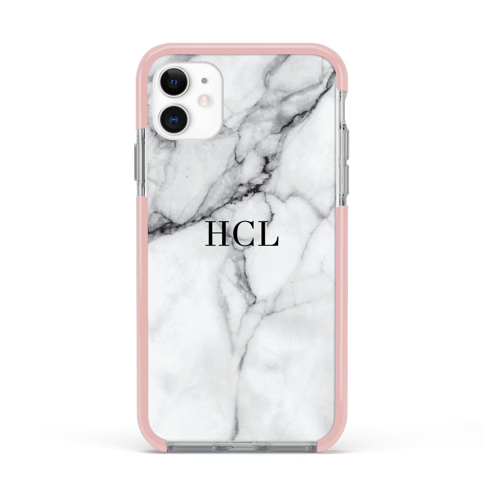 Personalised Small Marble Initials Custom Apple iPhone 11 in White with Pink Impact Case