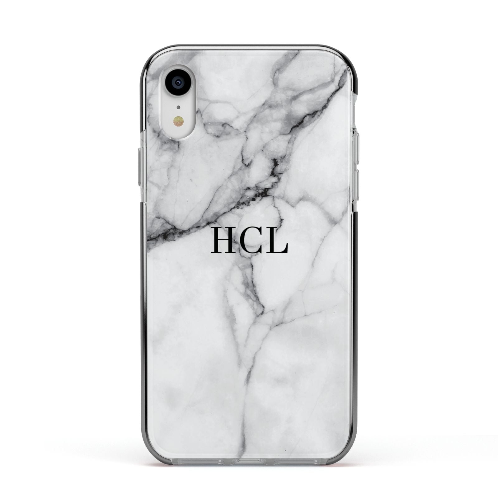 Personalised Small Marble Initials Custom Apple iPhone XR Impact Case Black Edge on Silver Phone