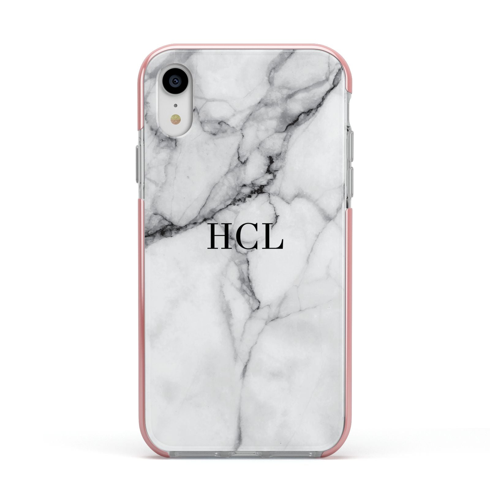 Personalised Small Marble Initials Custom Apple iPhone XR Impact Case Pink Edge on Silver Phone