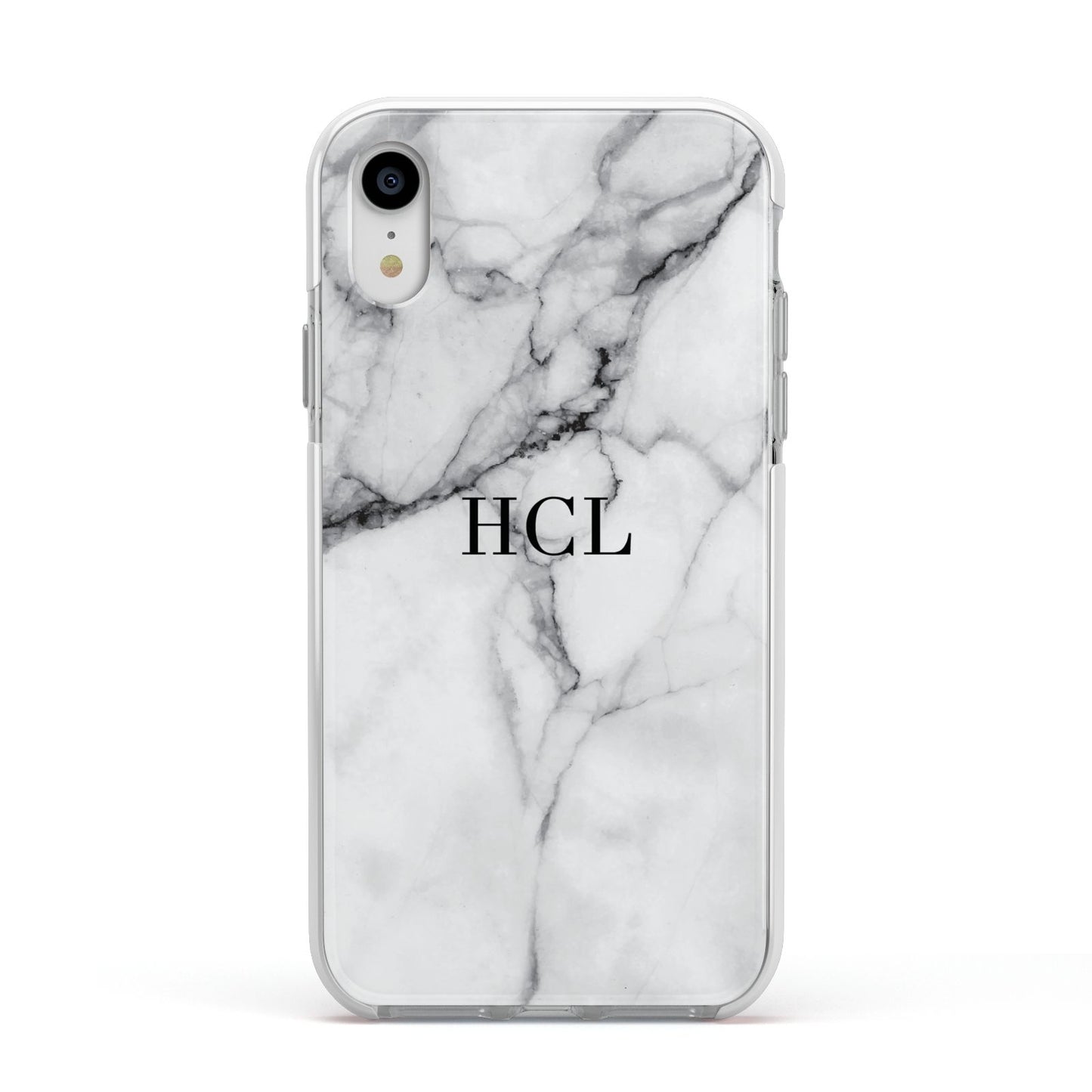 Personalised Small Marble Initials Custom Apple iPhone XR Impact Case White Edge on Silver Phone