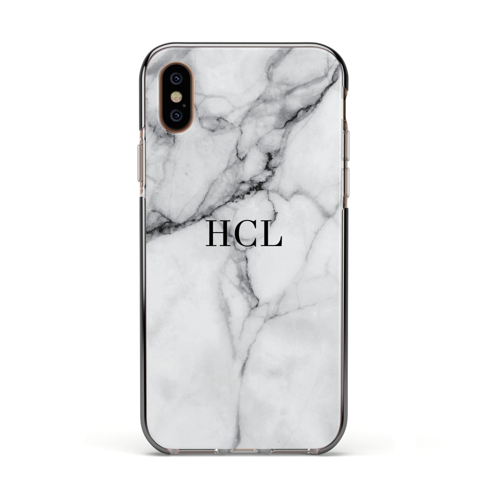 Personalised Small Marble Initials Custom Apple iPhone Xs Impact Case Black Edge on Gold Phone