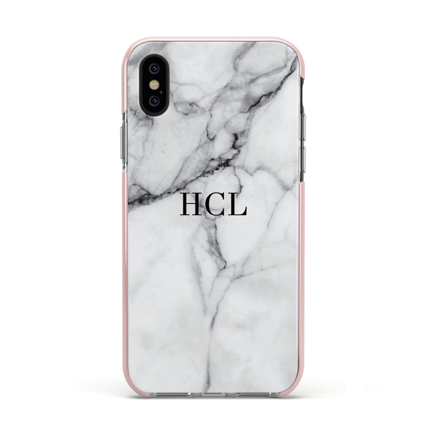 Personalised Small Marble Initials Custom Apple iPhone Xs Impact Case Pink Edge on Black Phone