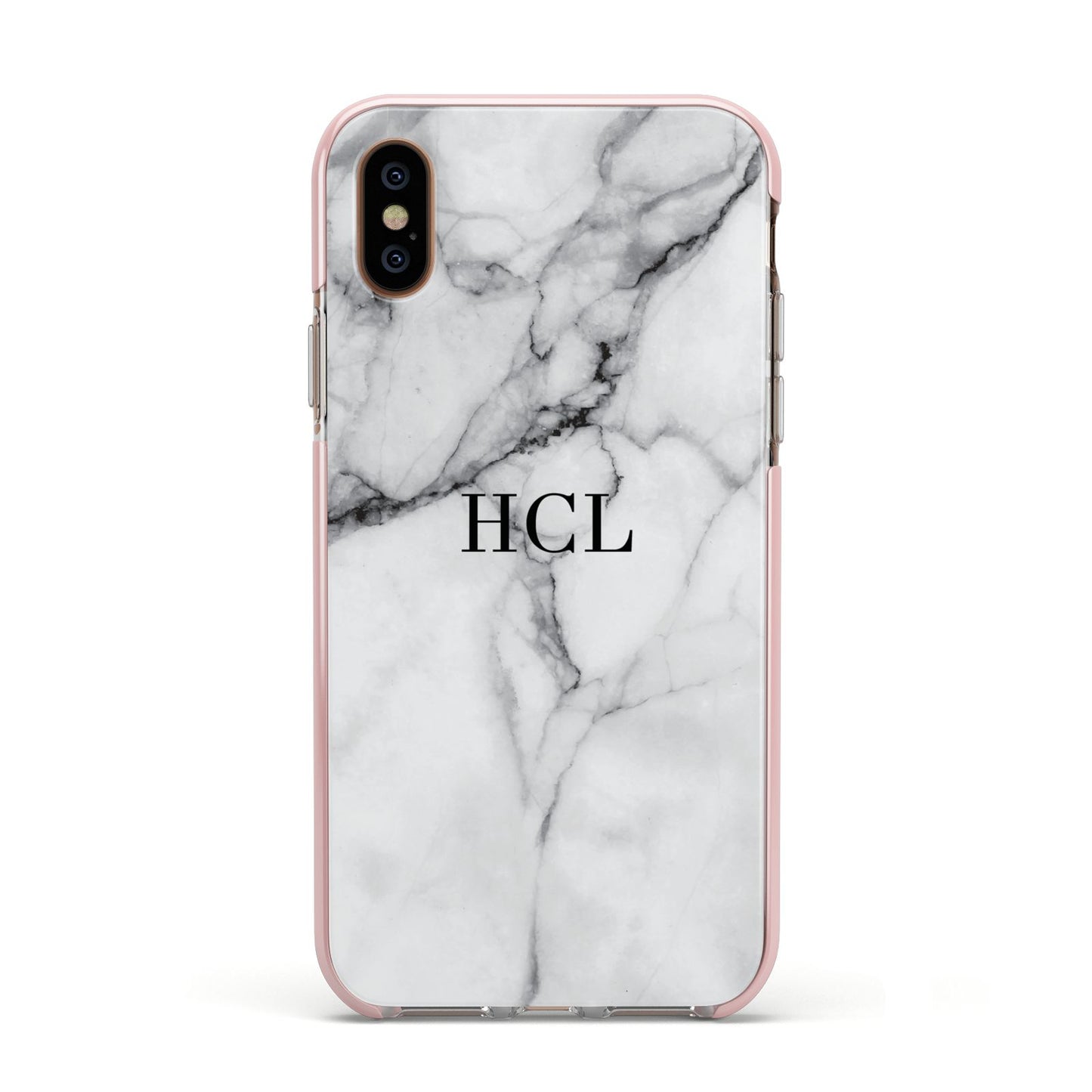 Personalised Small Marble Initials Custom Apple iPhone Xs Impact Case Pink Edge on Gold Phone