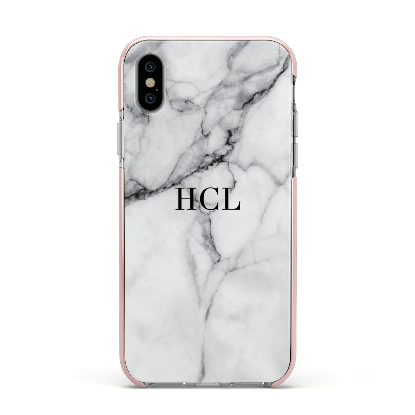 Personalised Small Marble Initials Custom Apple iPhone Xs Impact Case Pink Edge on Silver Phone