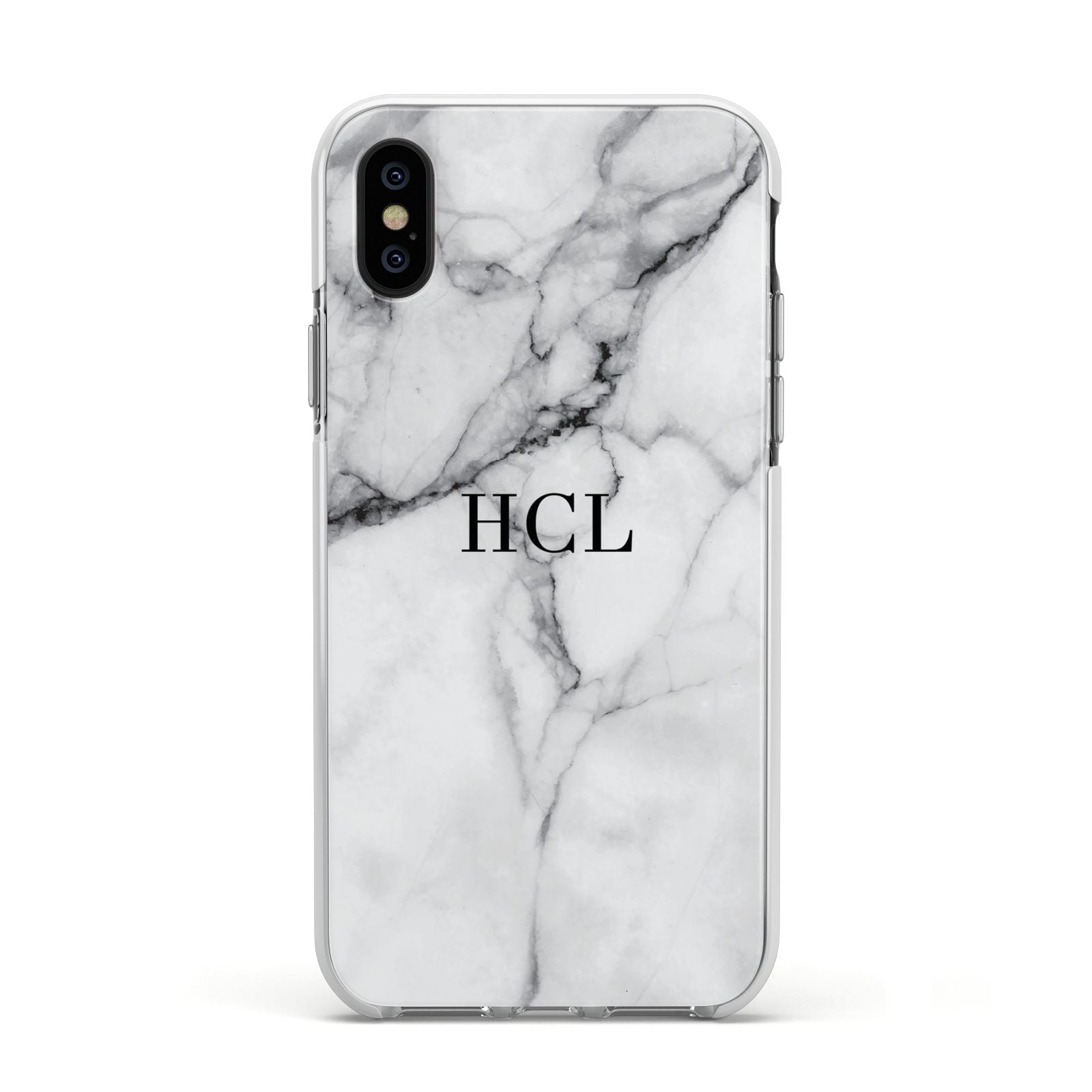 Personalised Small Marble Initials Custom Apple iPhone Xs Impact Case White Edge on Black Phone