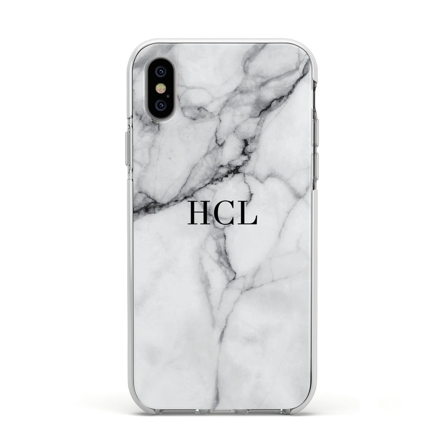 Personalised Small Marble Initials Custom Apple iPhone Xs Impact Case White Edge on Silver Phone