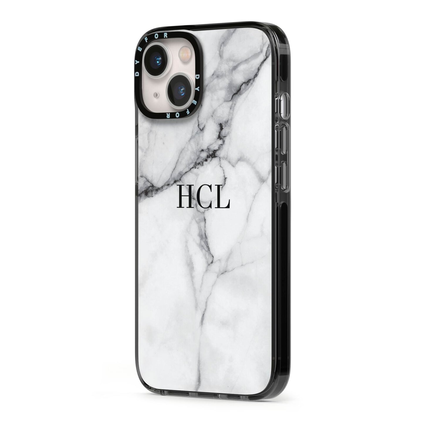 Personalised Small Marble Initials Custom iPhone 13 Black Impact Case Side Angle on Silver phone