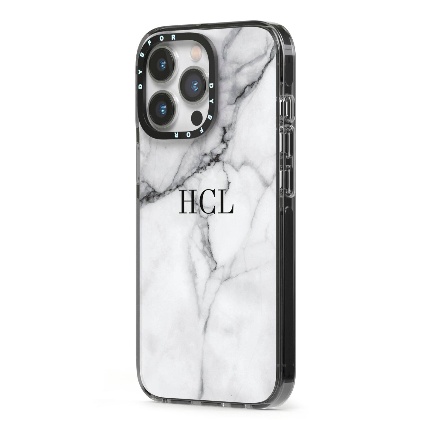 Personalised Small Marble Initials Custom iPhone 13 Pro Black Impact Case Side Angle on Silver phone