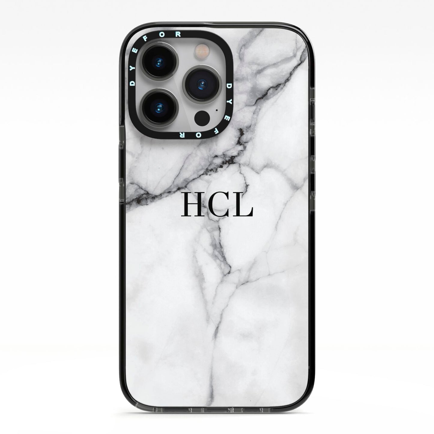 Personalised Small Marble Initials Custom iPhone 13 Pro Black Impact Case on Silver phone