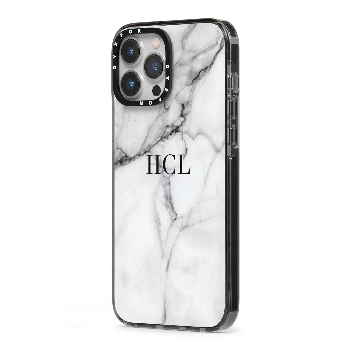 Personalised Small Marble Initials Custom iPhone 13 Pro Max Black Impact Case Side Angle on Silver phone