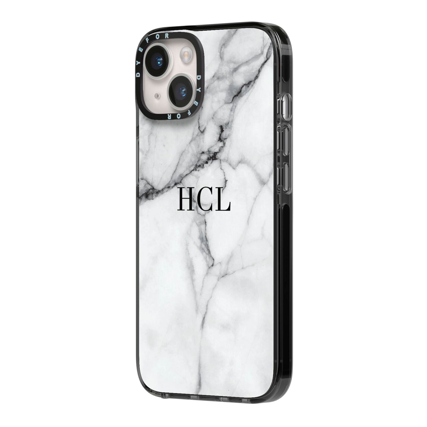 Personalised Small Marble Initials Custom iPhone 14 Black Impact Case Side Angle on Silver phone