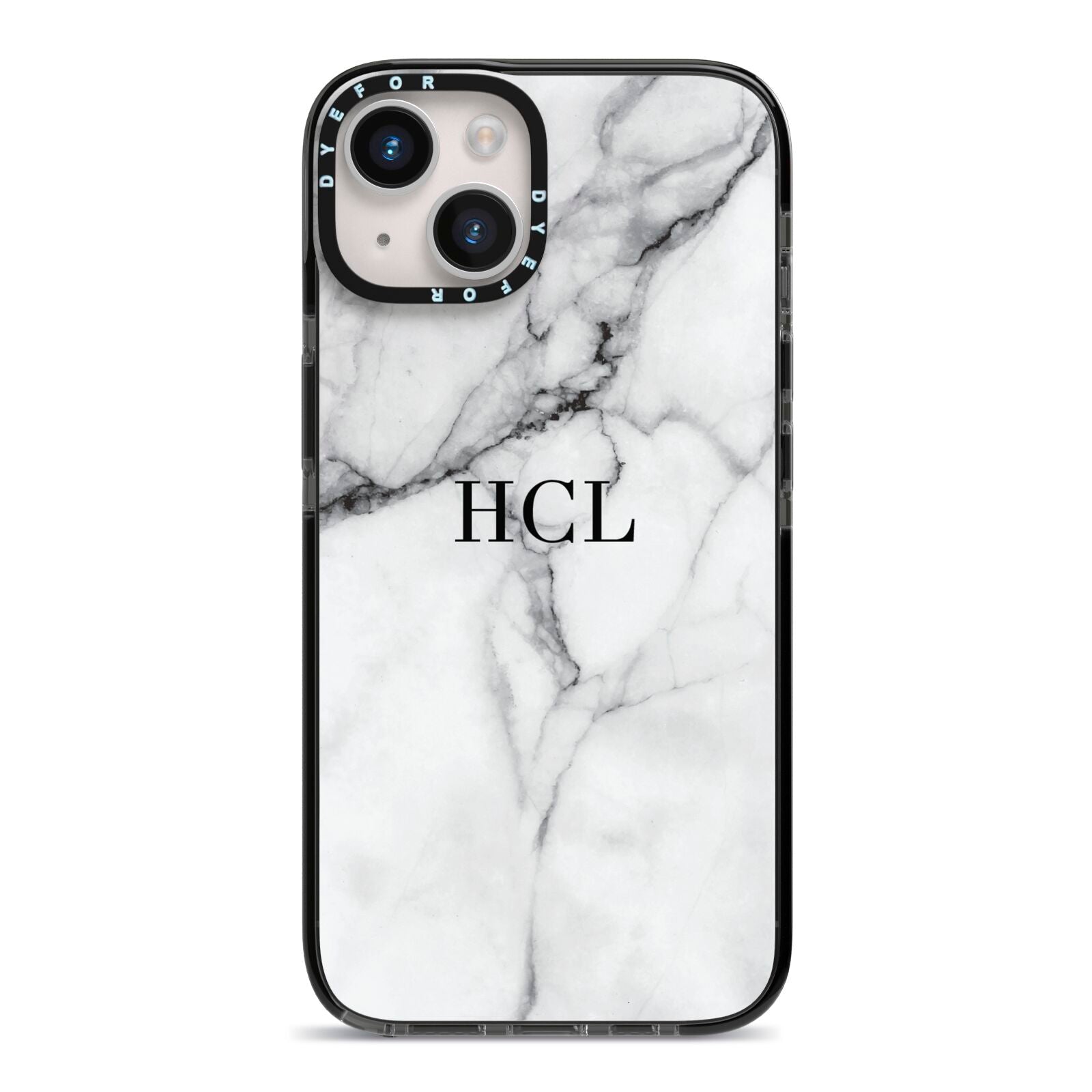 Personalised Small Marble Initials Custom iPhone 14 Black Impact Case on Silver phone