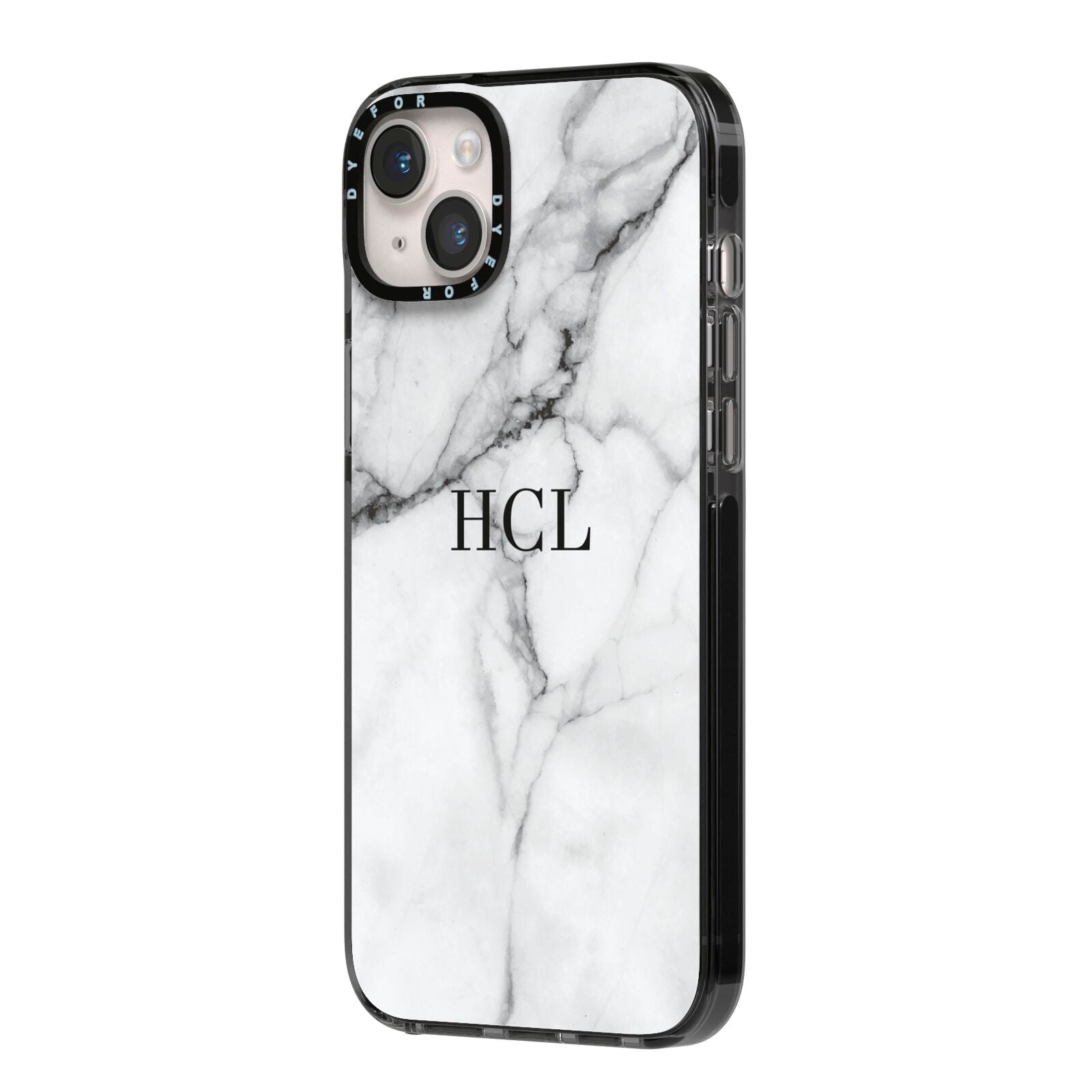 Personalised Small Marble Initials Custom iPhone 14 Plus Black Impact Case Side Angle on Silver phone