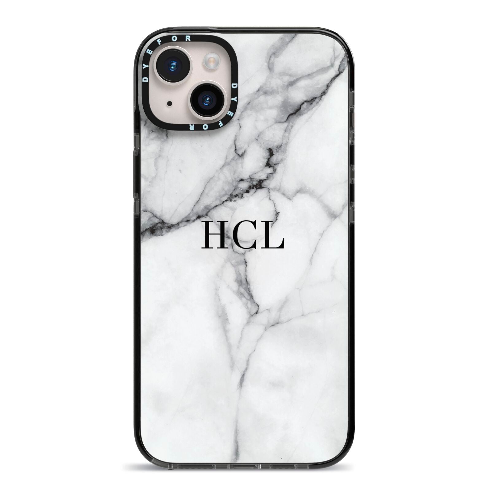 Personalised Small Marble Initials Custom iPhone 14 Plus Black Impact Case on Silver phone