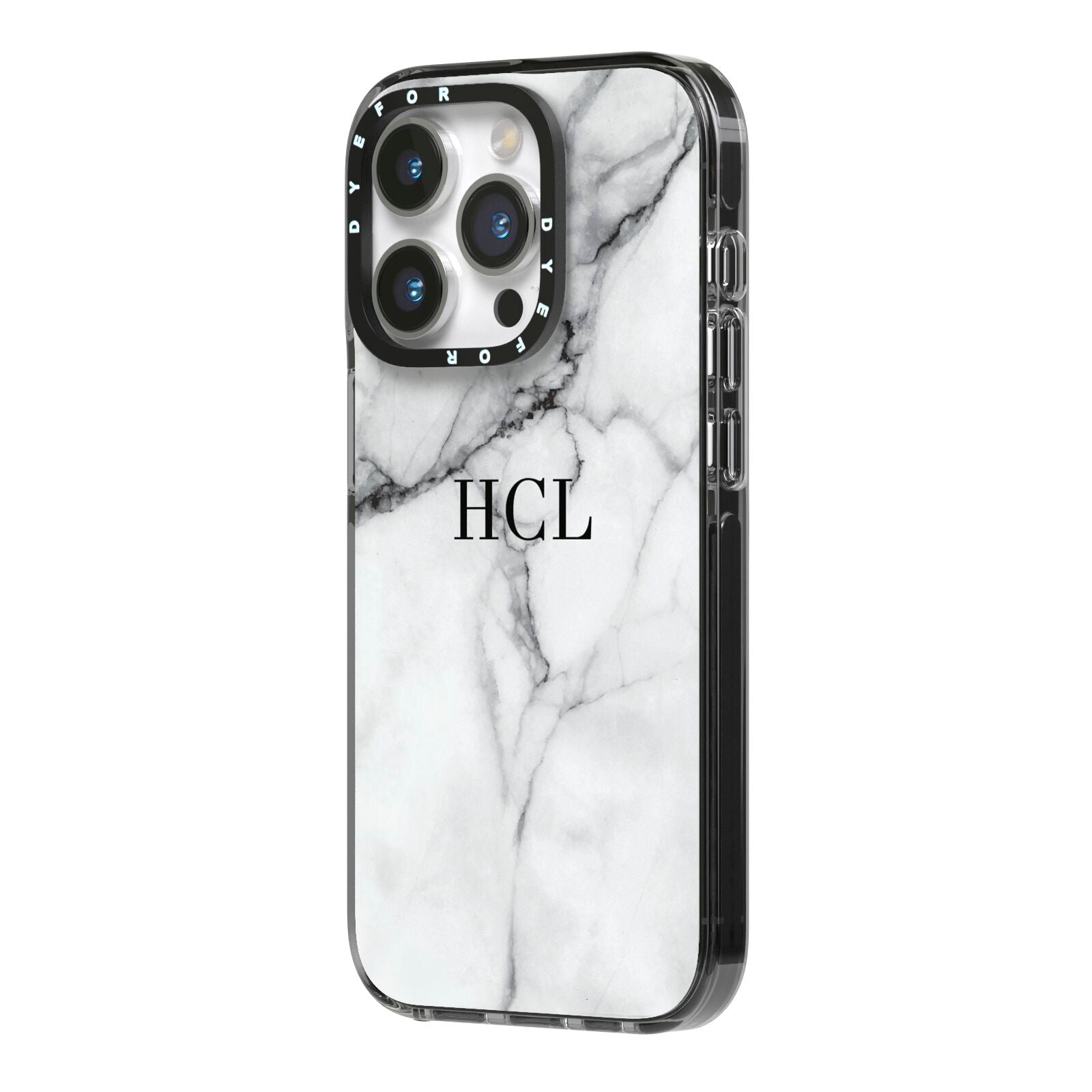 Personalised Small Marble Initials Custom iPhone 14 Pro Black Impact Case Side Angle on Silver phone