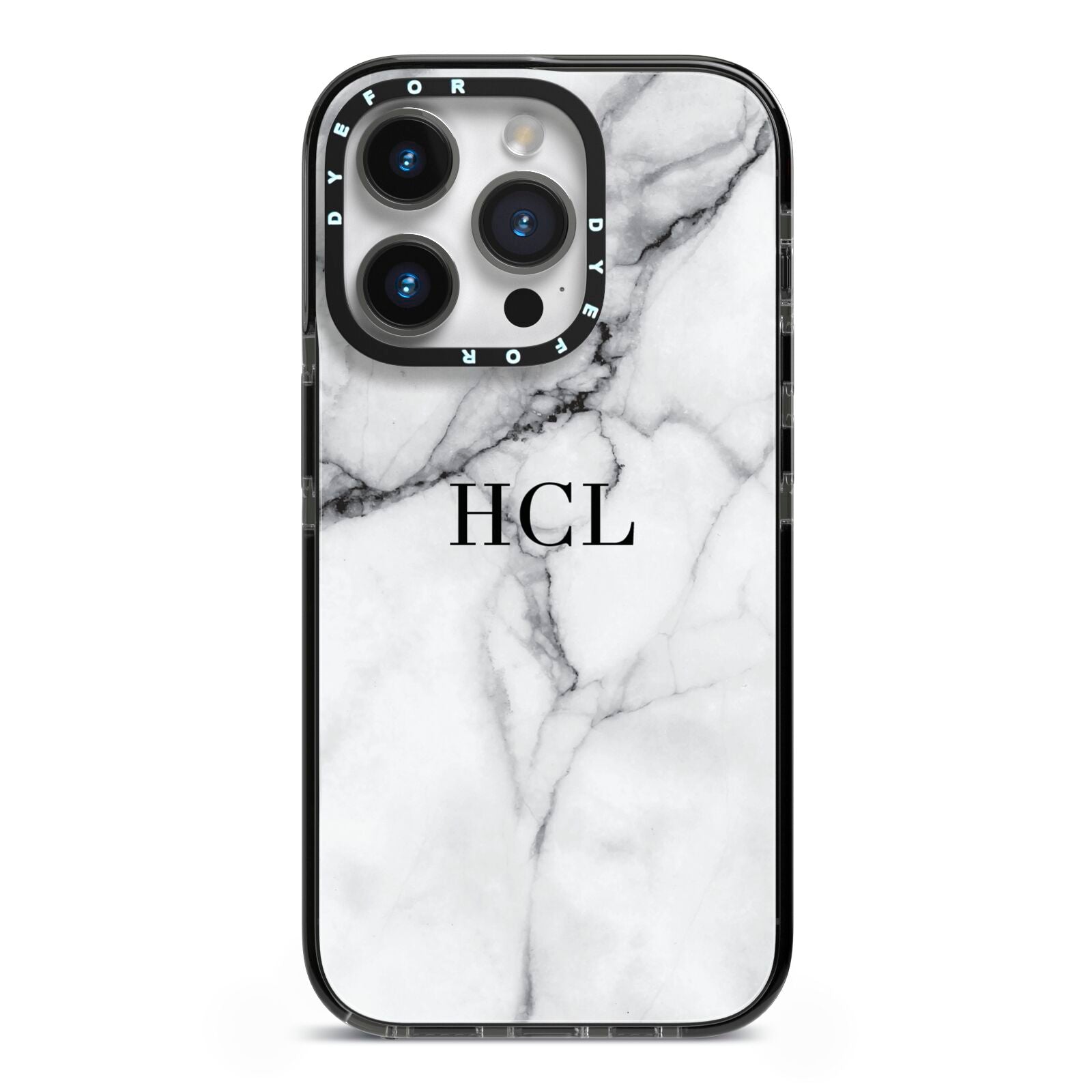 Personalised Small Marble Initials Custom iPhone 14 Pro Black Impact Case on Silver phone